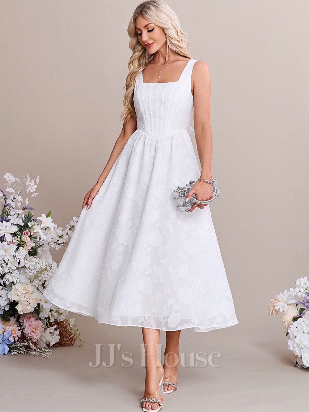JJs House White Floral Jacquard Square Neck Midi Dress